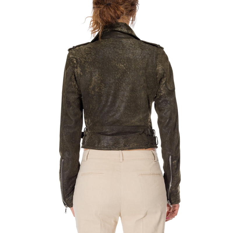 Italian handmade Women genuine lamb leather biker jacket slim fit Used Green Suede