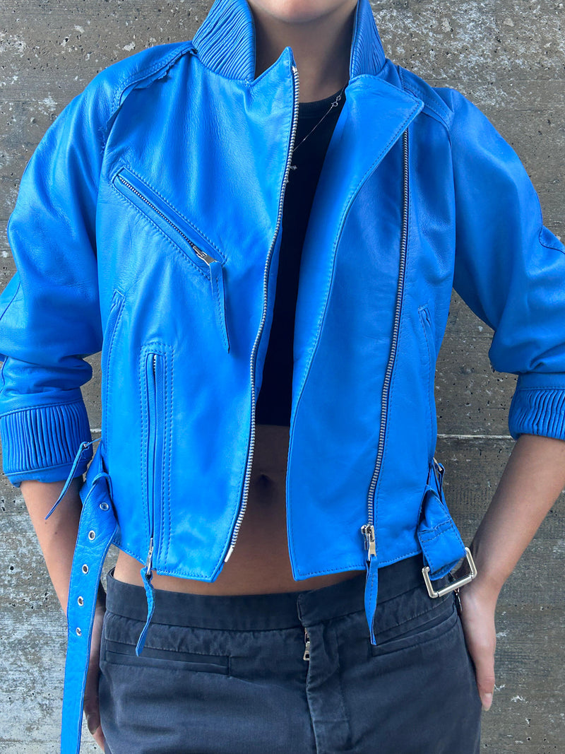 Italian handmade Women genuine lamb leather biker cropped jacket BLUE