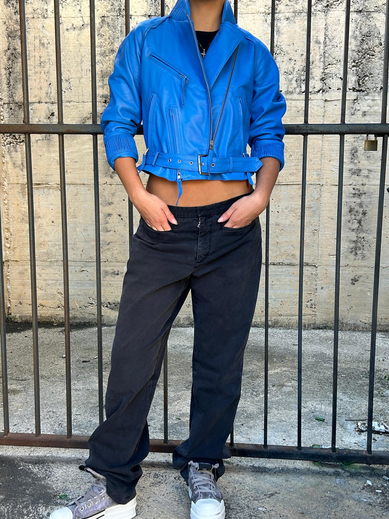 Italian handmade Women genuine lamb leather biker cropped jacket BLUE