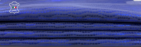 METALLIC INDIGO BLUE CROCODILE PRINT ON Goat leather 2 skins 6sqf 0.9mm #C2588