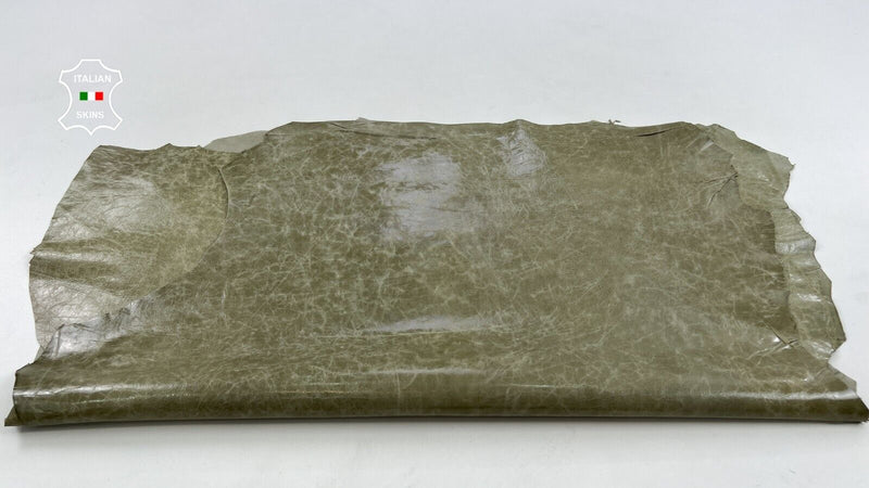 KHAKI GREEN CRINKLE SHINY VINTAGE Thin Goat leather 2 skins 12sqf 0.6mm C1616