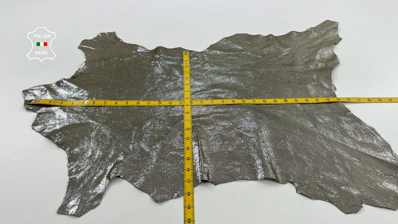 METALLIC SILVER SHIMMER PRINT ON OLIVE Soft Lambskin leather 4+sqf 0.8mm #C1293