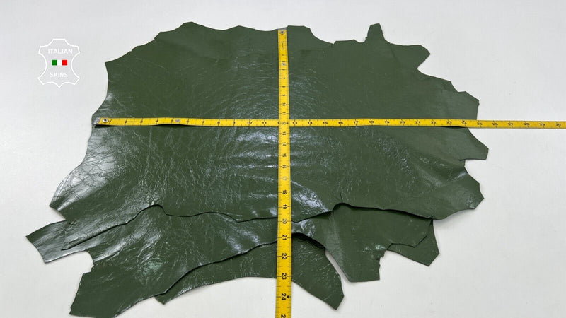 GREEN SHINY CRINKLED Italian Goatskin leather hides  3 skins 8sqf 0.7mm #C823