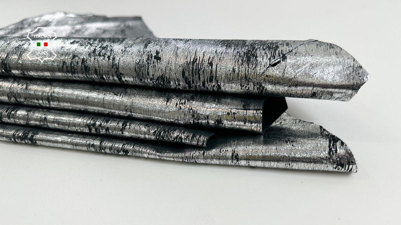 METALLIC SILVER CRACKED DISTRESSED ANTIQUED Lambskin leather 5+sqf 0.7mm C2467