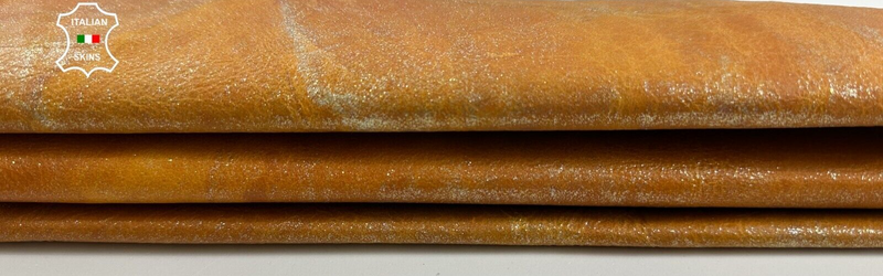 TANGERINE PEARLIZED DISTRESSED CRINKLED Thick Goatskin leather 4+sqf 1.2mm C2474