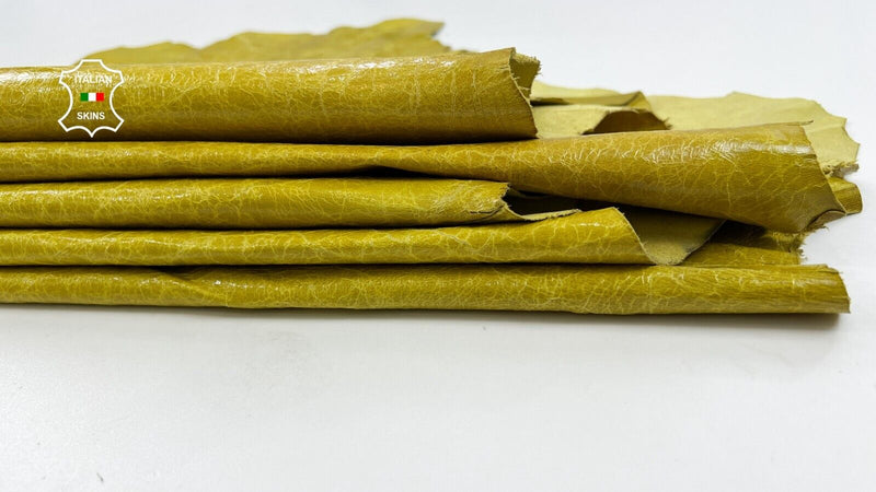 MUSTARD LIME YELLOW CRINKLE SHINY VINTAGE Goat leather 2 skins 12sqf 0.7mm C1615
