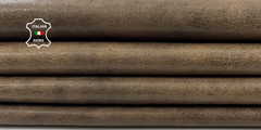 Olive brown antiqued vegetable tanned vintage lamb leather hide from Italianskins, 8 sq ft, 1.1mm thick, suitable for leathercraft projects.