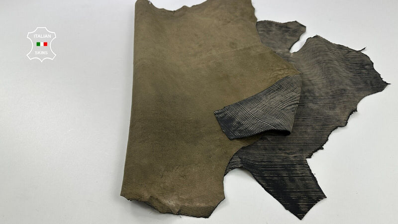 OLIVE ANTIQUED LINES EMBOSSED PRINT ON Lambskin leather hides 8sqf 1.0mm #C2386