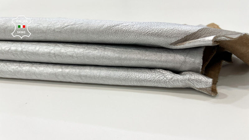 METALLIC SILVER GRAINY WASHED Thick Soft Italian Lamb leather 6sqf 1.5mm #C277