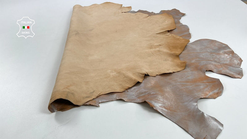 METALLIC SILVER DISTRESSED ON PEACH VEGETABLE TAN Lamb leather 9sqf 0.9mm #C1297
