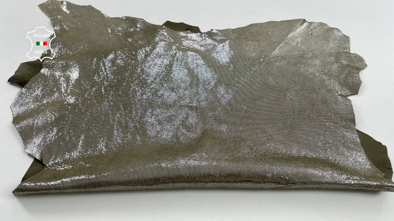 METALLIC SILVER SHIMMER PRINT ON OLIVE Soft Lambskin leather 4+sqf 0.8mm #C1293