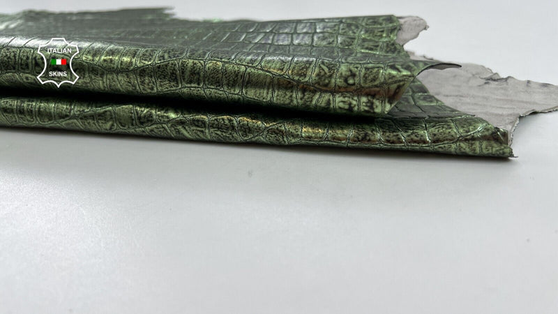 METALLIC GREEN DISTRESSED CROCODILE EMBOSSED On Goat leather 5sqf 0.8mm #C1025
