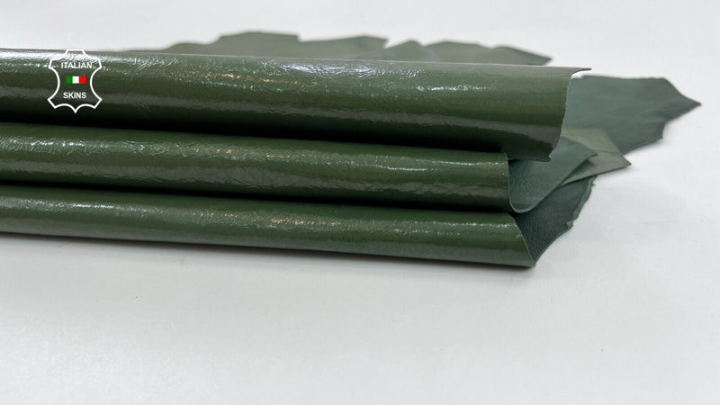 GREEN SHINY CRINKLED Italian Goatskin leather hides  3 skins 8sqf 0.7mm #C823