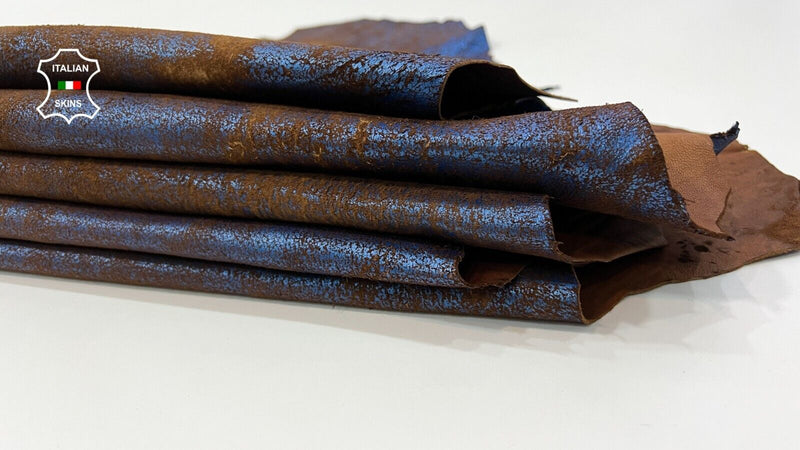 METALLIC BLUE VINTAGE DISTRESSED ON BROWN  Lamb leather 2 skins 11sqf 1.2mm C165