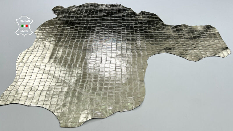 METALLIC LIGHT GOLD CROCODILE TEXTURED Print ON Goat leather 6sqf 1.1mm #C1857