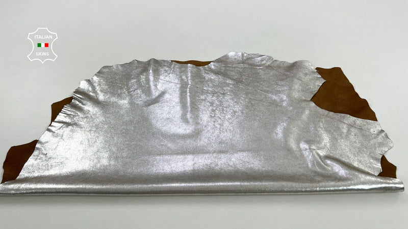 METALLIC SILVER CRACKED ON BROWN Thin Soft Lambskin leather 6+sqf 0.6mm #C1523
