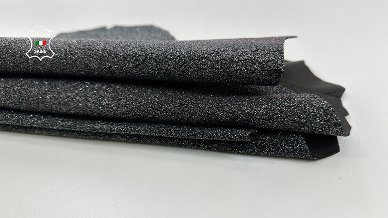 METALLIC SILVER SHIMMER PRINT ON BLACK Goatskin leather 2 skins 6sqf 1.7mm C2480