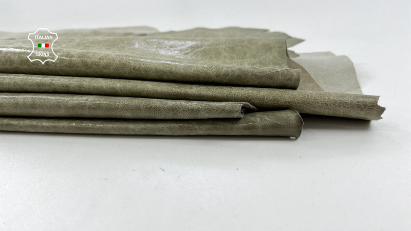 KHAKI GREEN CRINKLE SHINY VINTAGE Thin Goat leather 2 skins 12sqf 0.6mm C1616