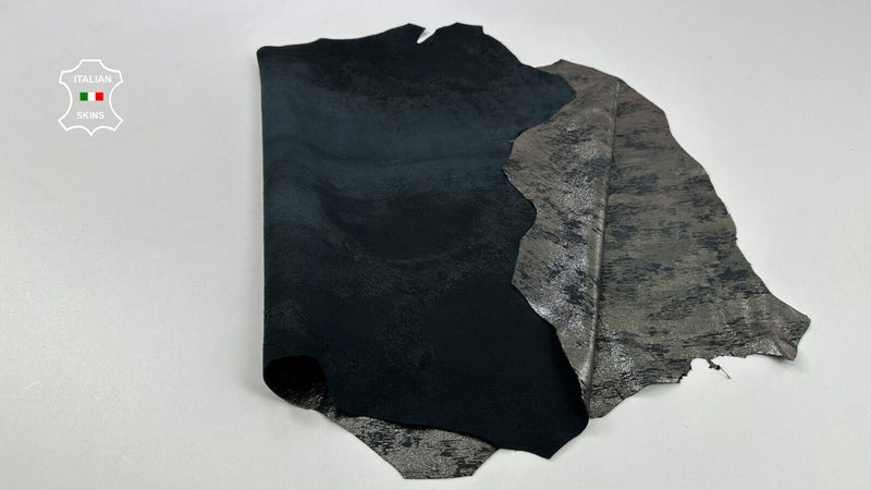 METALLIC GUNMETAL CRACKED DISTRESSED ANTIQUED Lambskin leather 5sqf 0.6mm C2468