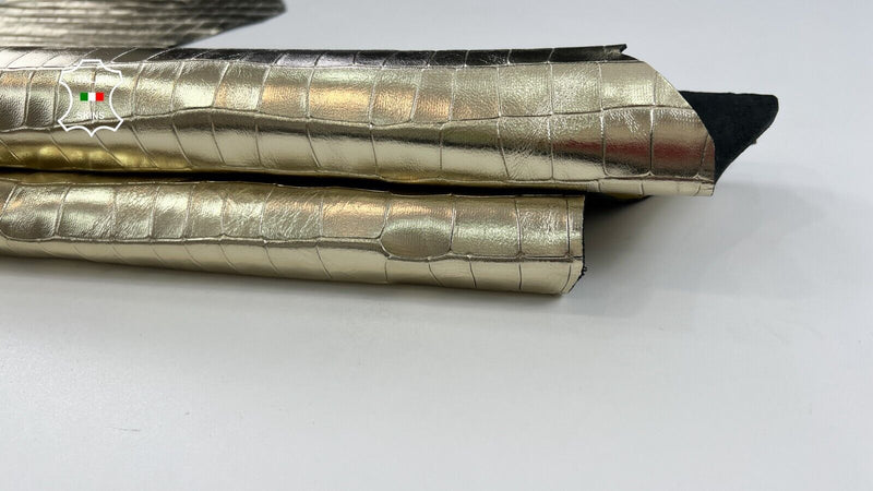 METALLIC LIGHT GOLD CROCODILE TEXTURED Print ON Goat leather 6sqf 1.1mm #C1857