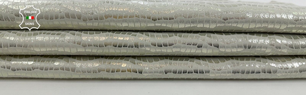 METALLIC PLATINUM CROCODILE PRINT ON Soft Goatskin leather hide 4sqf 0.9mm C2591