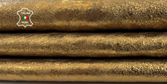 Metallic brass old gold washed crinkled lambskin leather hide by Italianskins, soft, 6 sq ft, 0.8mm thickness for leathercraft projects.