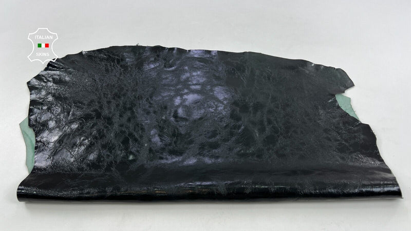 DARK BOTTLEE GREEN ALMOST BLACK PATENT CRINKLE Goatskin leather 6sqf 1.1mm C1663