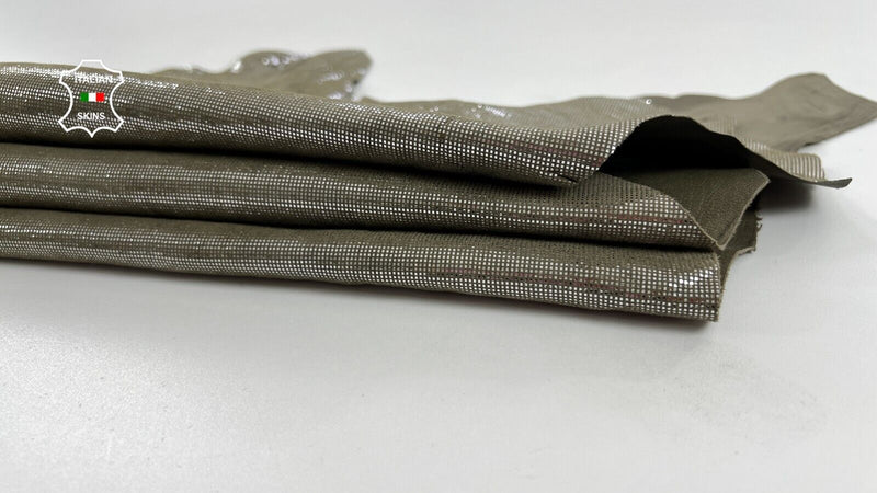 METALLIC SILVER SHIMMER PRINT ON OLIVE Soft Lambskin leather 4+sqf 0.8mm #C1293