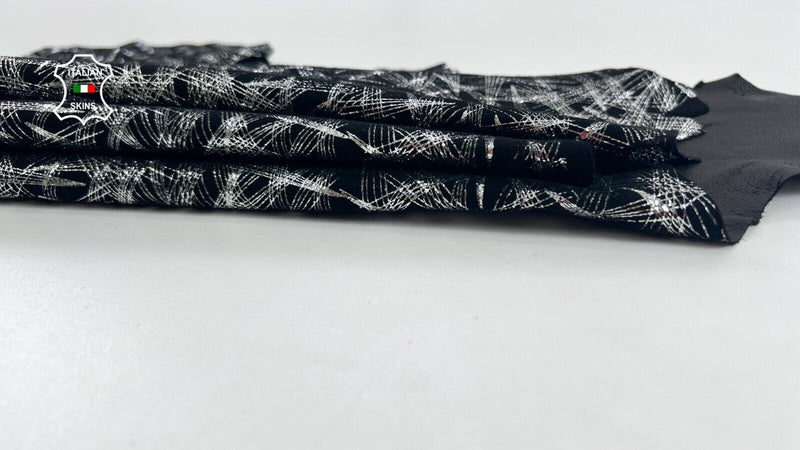 METALLIC SILVER PRINT ON BLACK Soft Italian Goatskin leather 5+sqf 0.7mm C1047