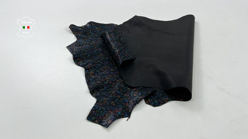 MULTICOLOR FLOWERS PRINT On SHIMMER BLACK Goatskin leather hide 3sqf 0.9mm C1092