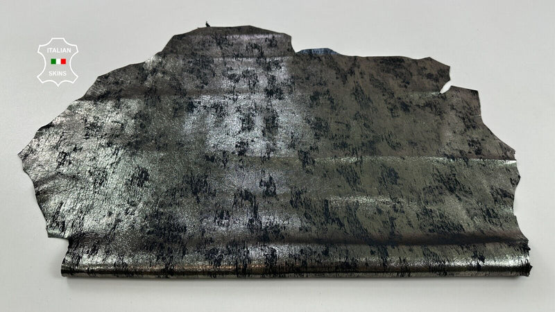 METALLIC GUNMETAL CRACKED DISTRESSED ANTIQUED Lambskin leather 5sqf 0.6mm C2468