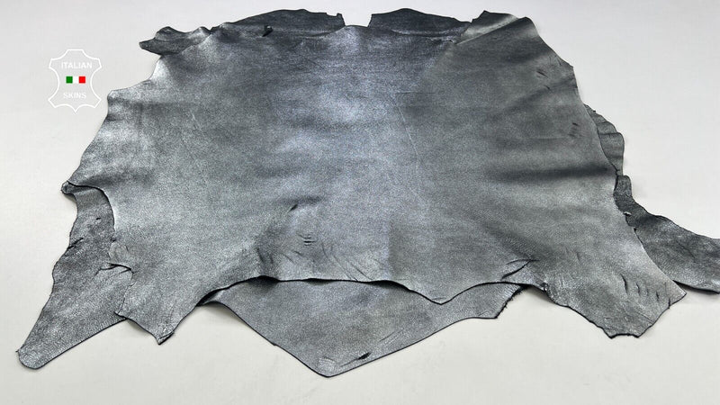 METALLIC CHROME CRACKED ON BLACK Thick Lamb leather 2 skins 12+sqf 1.1mm #C1776