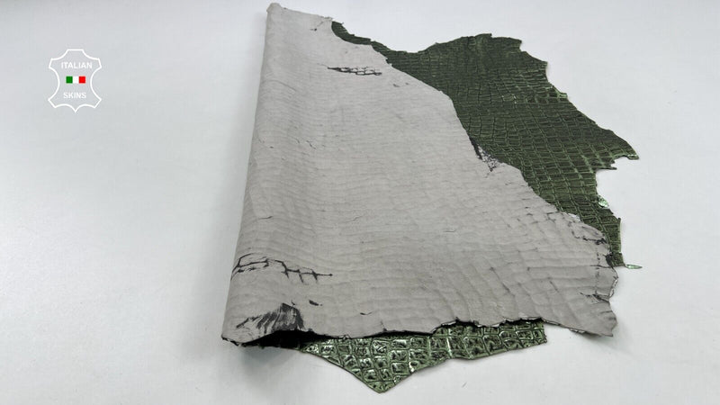METALLIC GREEN DISTRESSED CROCODILE EMBOSSED On Goat leather 5sqf 0.8mm #C1025