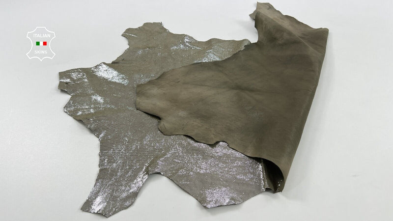 METALLIC SILVER SHIMMER PRINT ON OLIVE Soft Lambskin leather 4+sqf 0.8mm #C1293