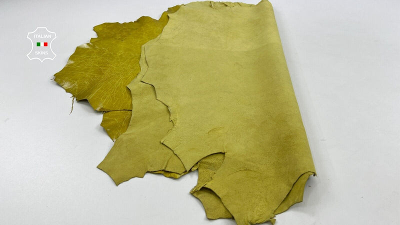 MUSTARD LIME YELLOW CRINKLE SHINY VINTAGE Goat leather 2 skins 12sqf 0.7mm C1615