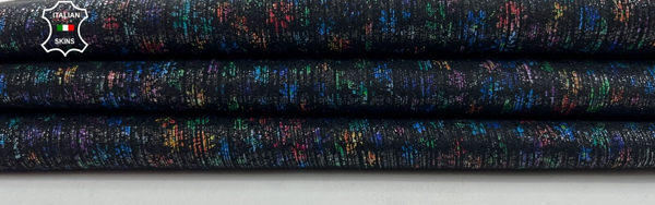 MULTICOLOR FLOWERS PRINT On SHIMMER BLACK Goatskin leather hide 3sqf 0.9mm C1092