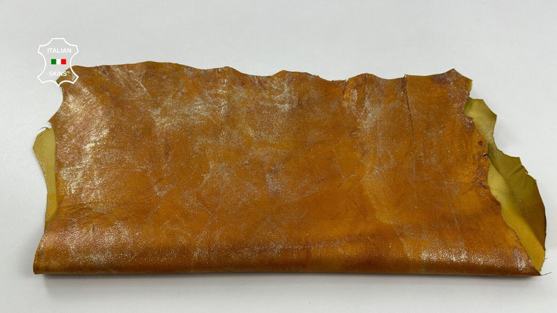 TANGERINE PEARLIZED DISTRESSED CRINKLED Thick Goatskin leather 4+sqf 1.2mm C2474