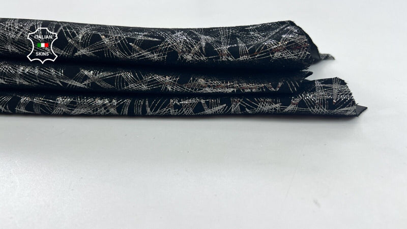 METALLIC CHROME PRINT ON BLACK Thick Soft Italian Goat leather 4+sqf 1.2mm C1046