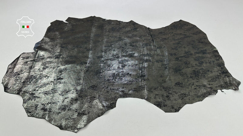 METALLIC GUNMETAL CRACKED DISTRESSED ANTIQUED Lambskin leather 5sqf 0.6mm C2468