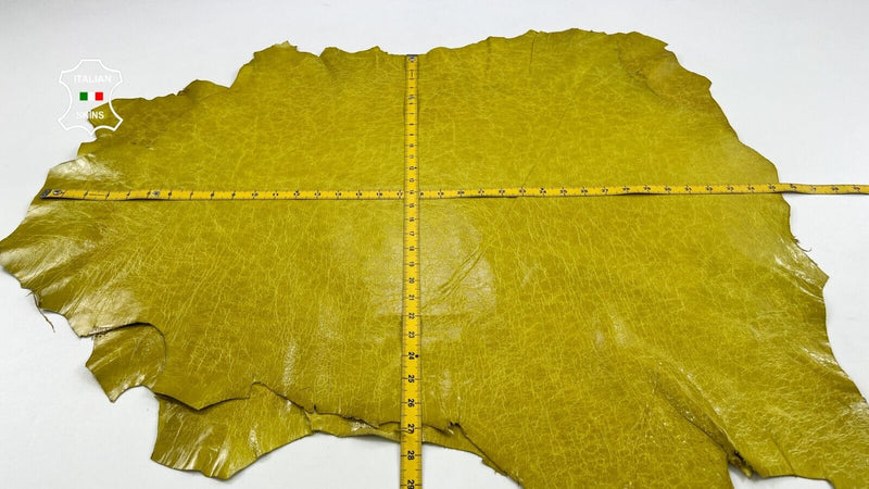 MUSTARD LIME YELLOW CRINKLE SHINY VINTAGE Goat leather 2 skins 12sqf 0.7mm C1615