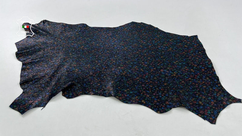 MULTICOLOR FLOWERS PRINT On SHIMMER BLACK Goatskin leather hide 3sqf 0.9mm C1092