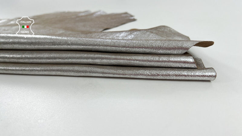 METALLIC SILVER CRACKED ON BROWN Thin Soft Lambskin leather 6+sqf 0.6mm #C1523