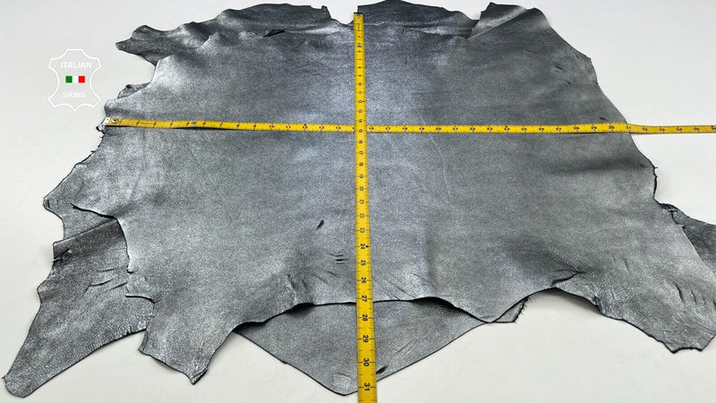 METALLIC CHROME CRACKED ON BLACK Thick Lamb leather 2 skins 12+sqf 1.1mm #C1776