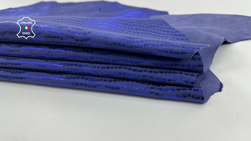 METALLIC INDIGO BLUE CROCODILE PRINT ON Goat leather 2 skins 6sqf 0.9mm #C2588