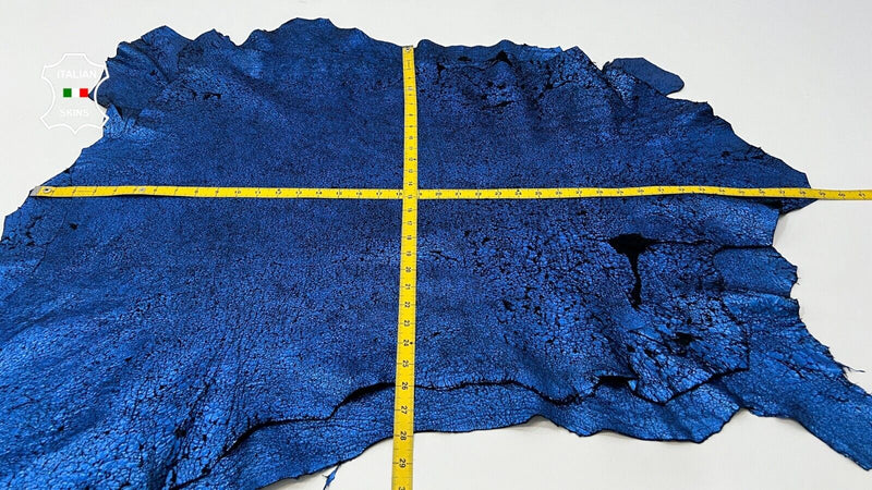 METALLIC ROYAL BLUE CRACKED USED VINTAGE Lamb leather 2 skins 14sqf 1.3mm #C491