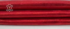 Shimmering red Italian lambskin leather hide with metallic finish, 4 sq ft, 0.9mm thickness, suitable for crafts and leatherworking.