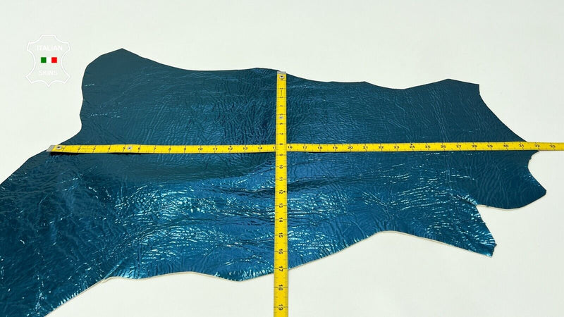 METALLIC TEAL BLUE CRINKLE Thick Italian Lambskin leather hide 3+sqf  1.6mm C136