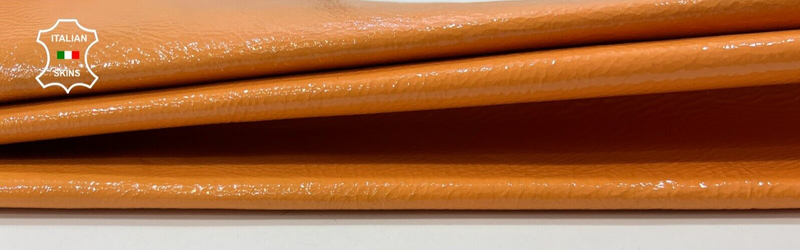 PATENT ORANGE CRINKLE SHINY Thick Italian Goatskin leather hide 4sqf 1.2mm #C128