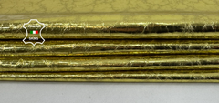 Shiny metallic gold crinkled goatskin leather hide from Italianskins, thin and soft with a textured surface, 5+ sqf, 0.4mm thickness.