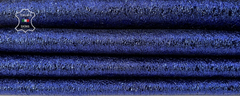 Two pieces of metallic blue Italian goatskin leather, 10 sq ft, 0.9mm thick, shown with natural leather texture and smooth finish.